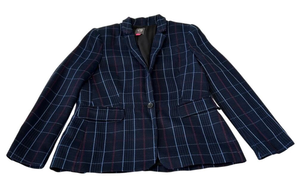 Vince Camuto Women's Plaid Blazer Sz. 8 Blue Button Closure Pockets Lined Career